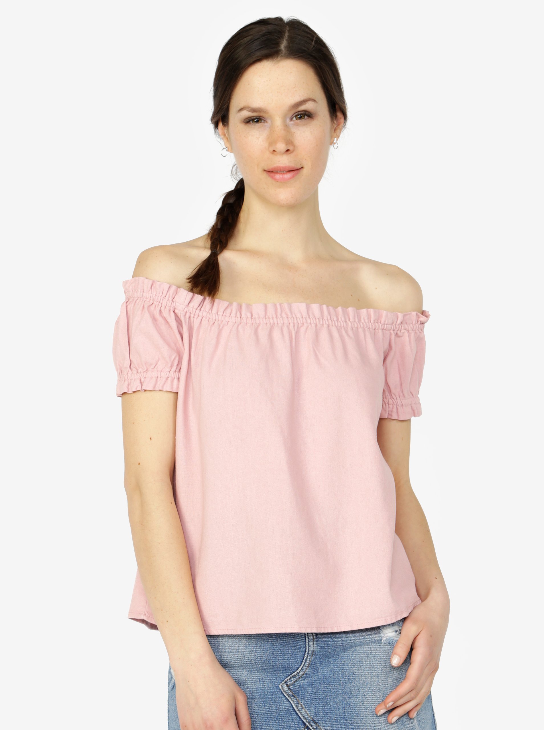 Světle růžová lněná halenka s odhalenými rameny VERO MODA Asta