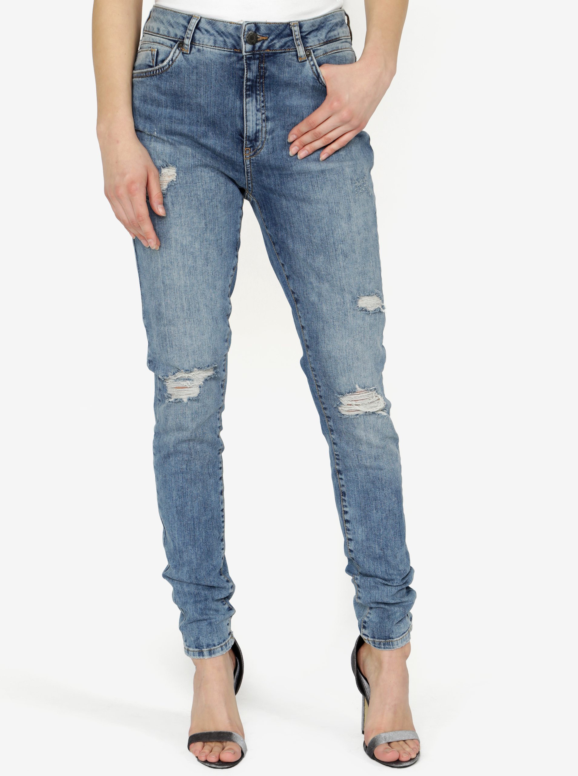 Modré slim fit džíny s potrhaným efektem Noisy May Nelly