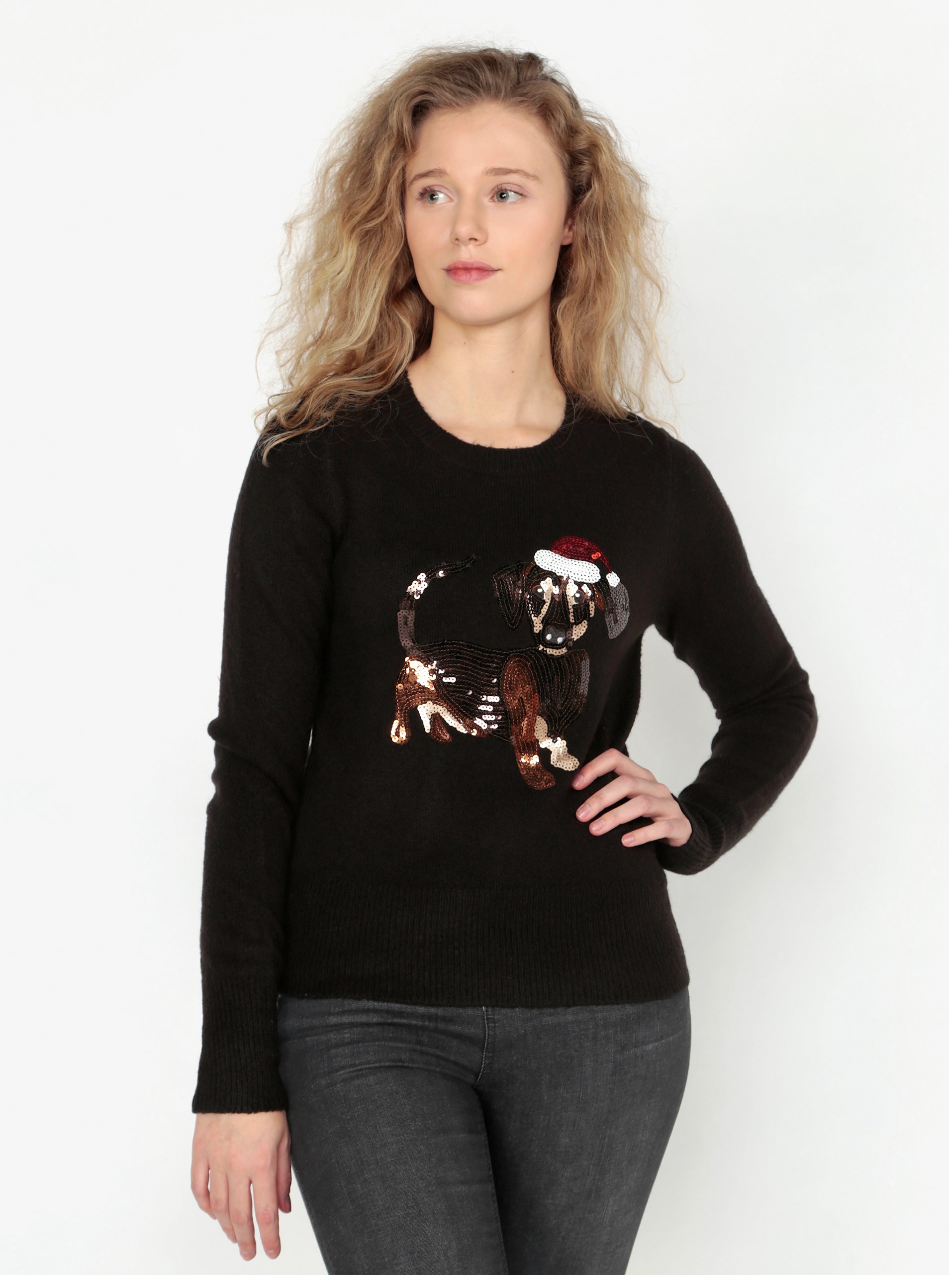 Černý svetr s motivem jezevčíka z flitrů Oasis Jumper