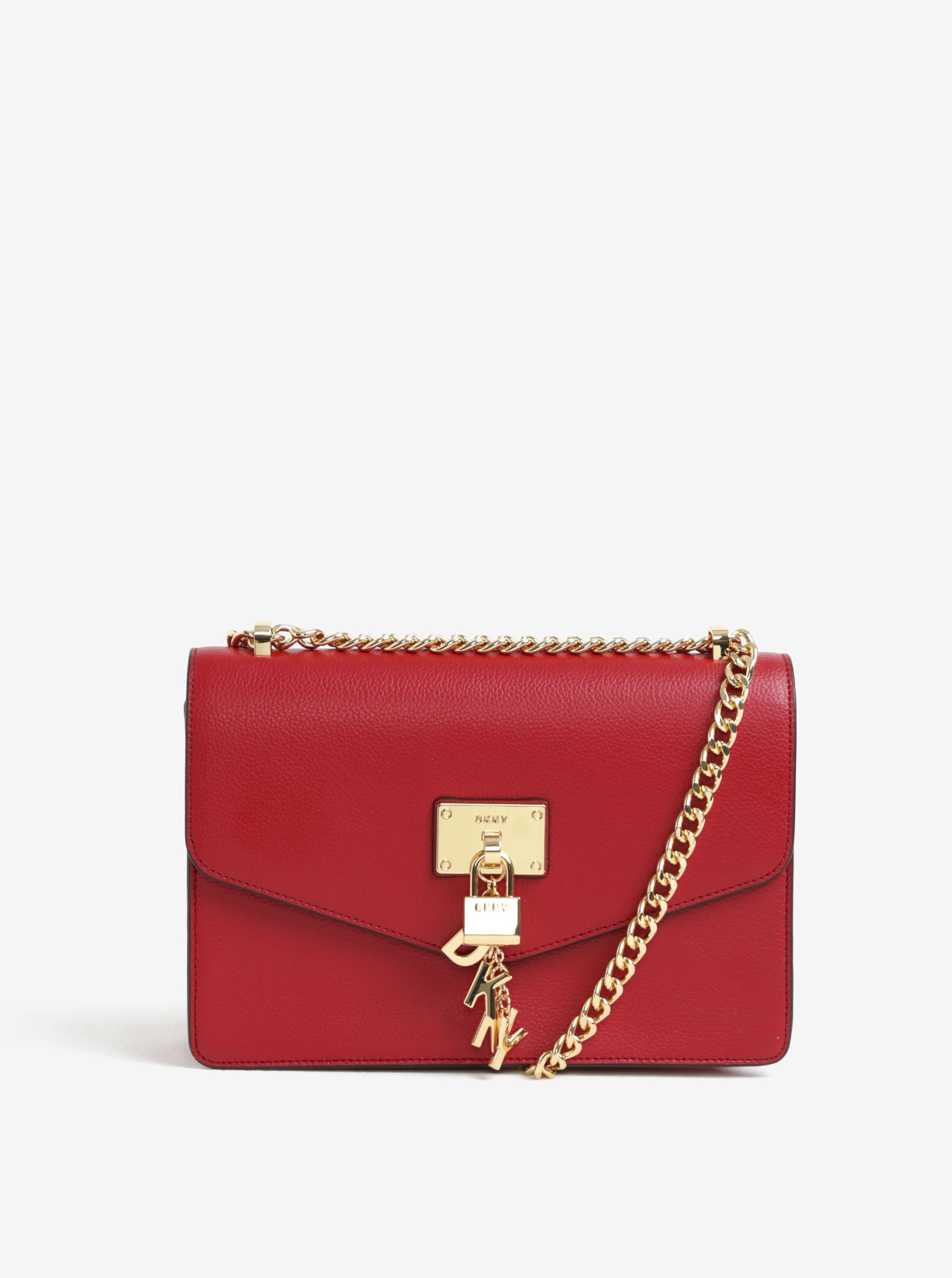 Červená kožená crossbody kabelka s detaily ve zlaté barvě DKNY Elissa
