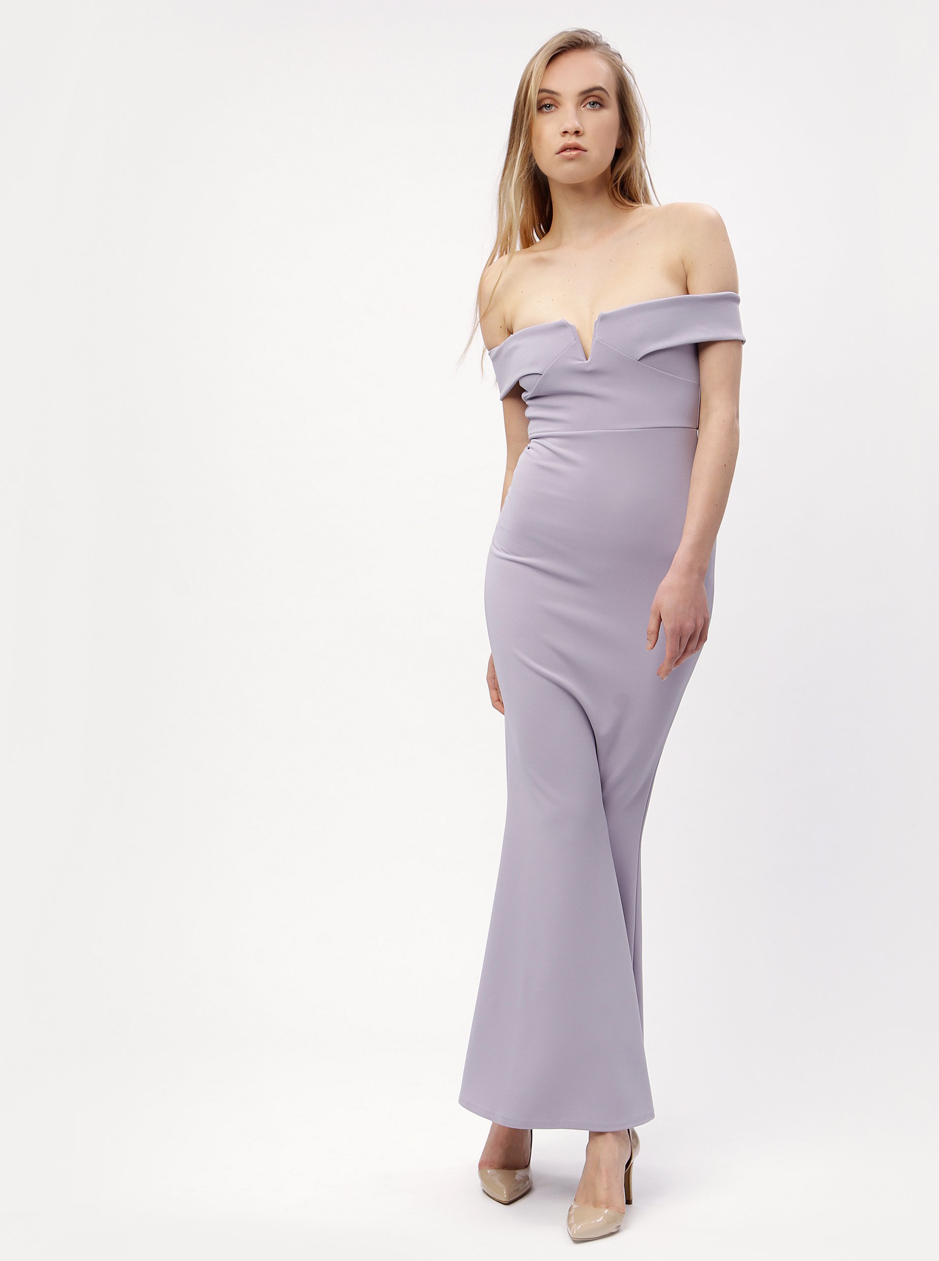 Světle fialové dlouhé šaty s odhalenými rameny MISSGUIDED