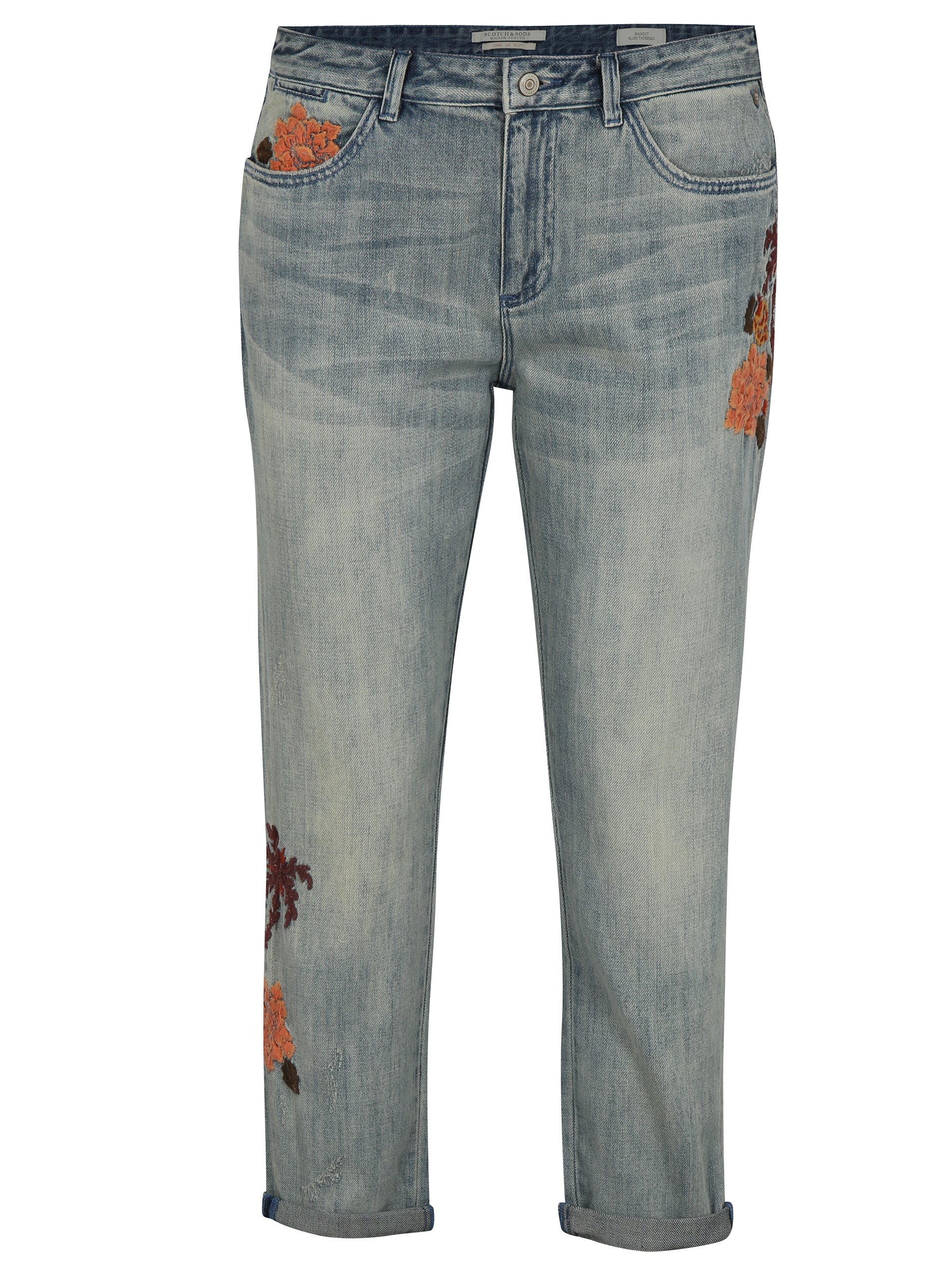 Modré dámské zkrácené boyfriend džíny s výšivkou Scotch & Soda