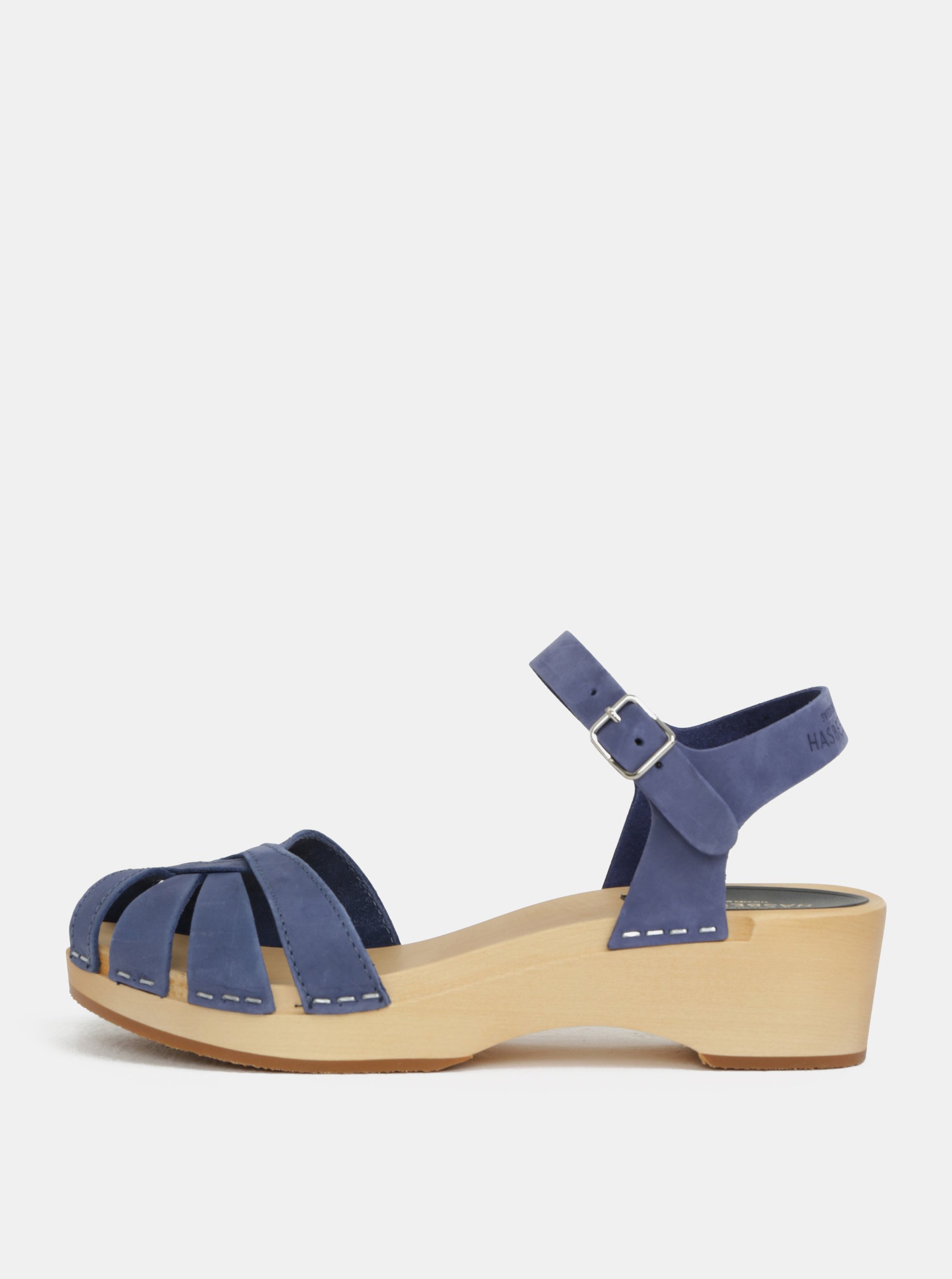 Dřeváky na podpatku s tmavě modrými koženými pásky Swedish Hasbeens Cross Strap Debutant