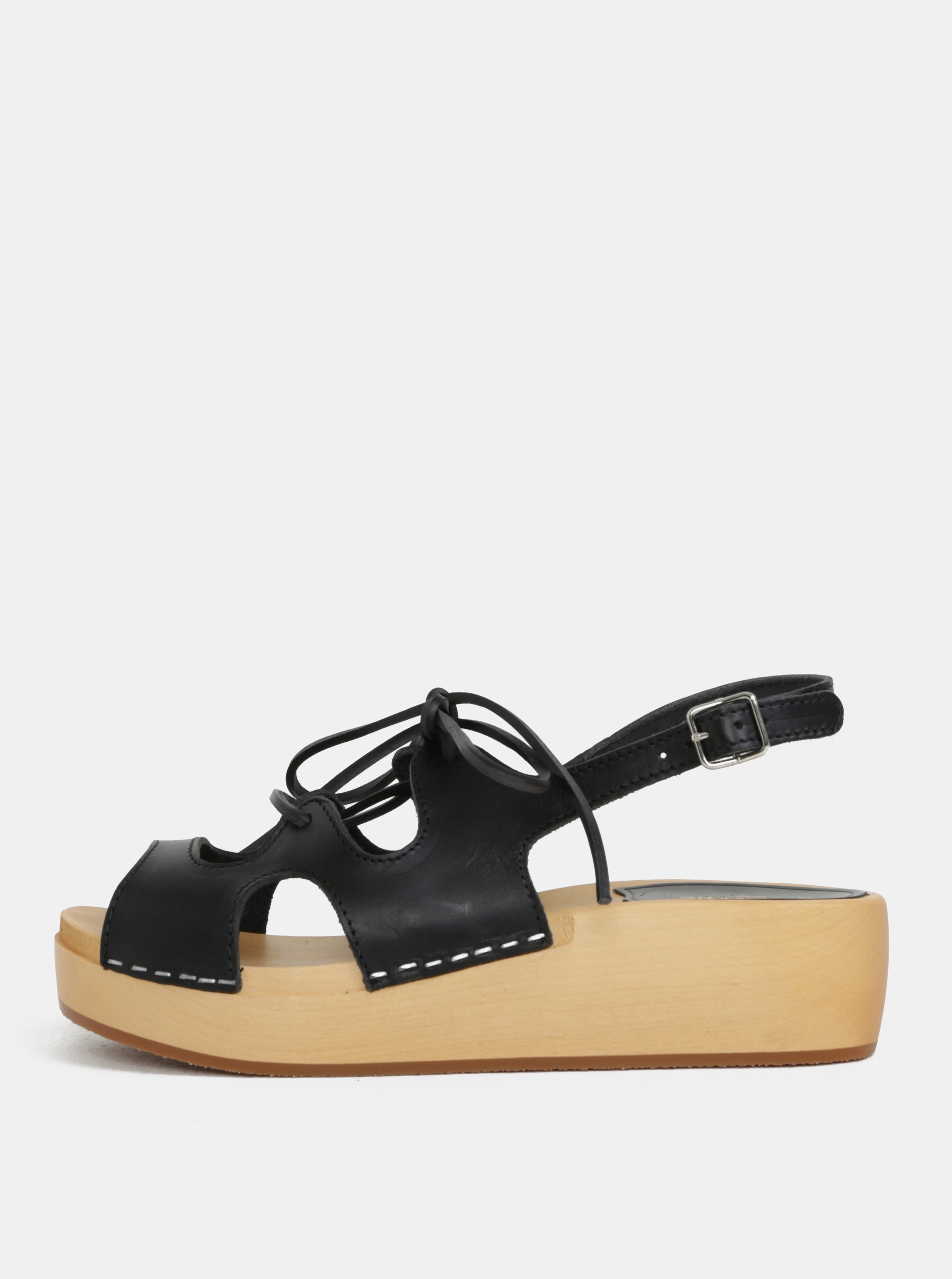 Dřeváky na platformě s černými koženými pásky Swedish Hasbeens Lace Up Sandal