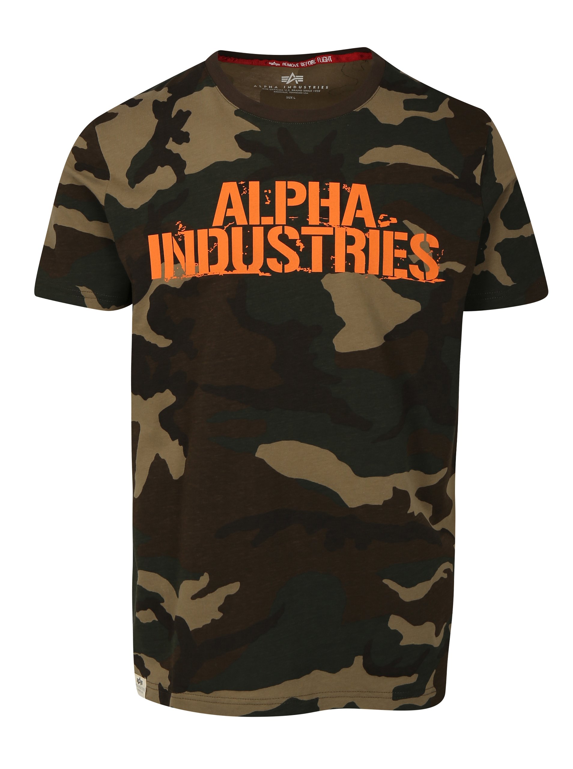 Tmavě zelené pánské maskáčové tričko s potiskem ALPHA INDUSTRIES