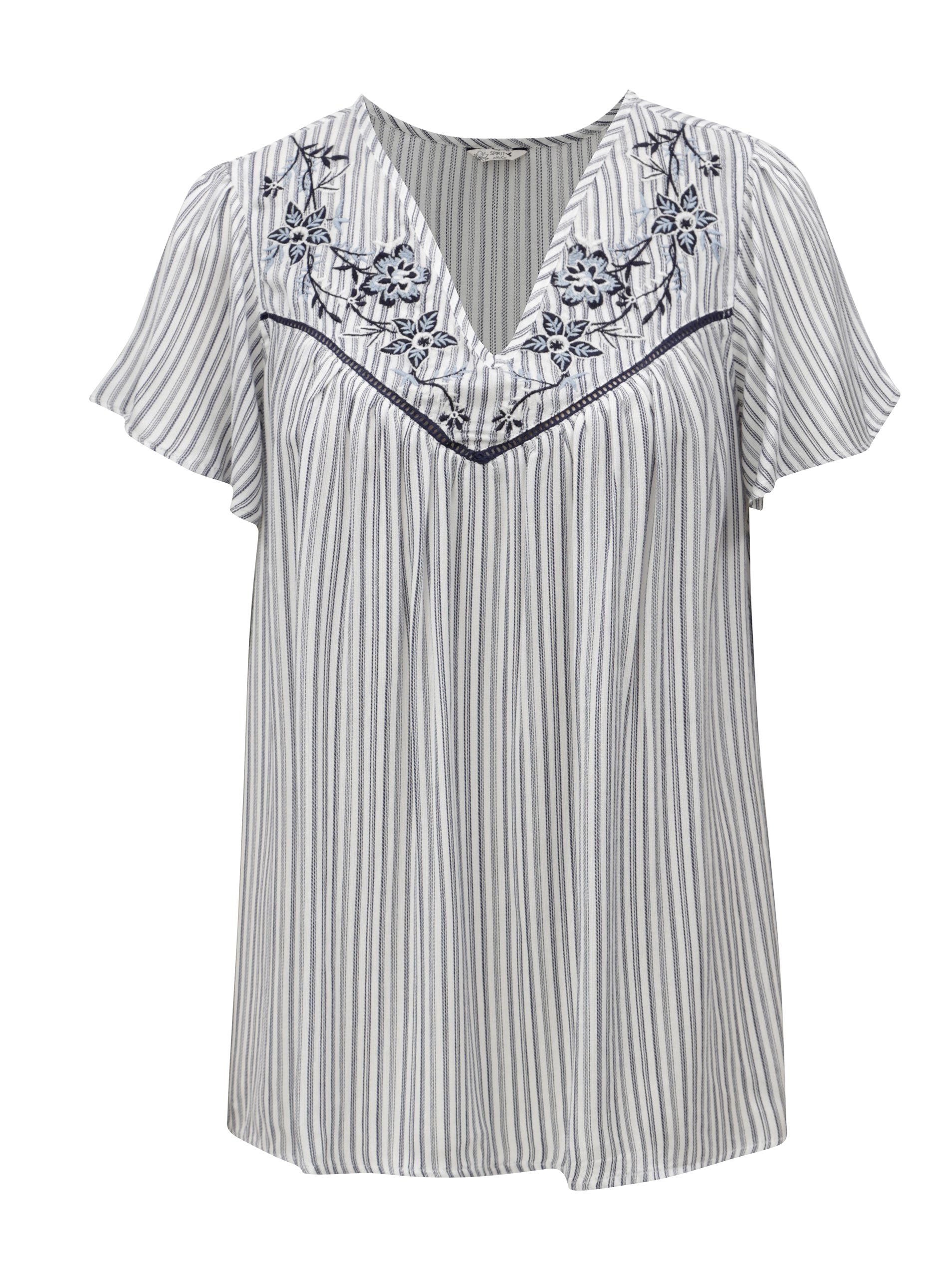 Modro-krémová pruhovaná oversize halenka s vyšívanými květy M&Co