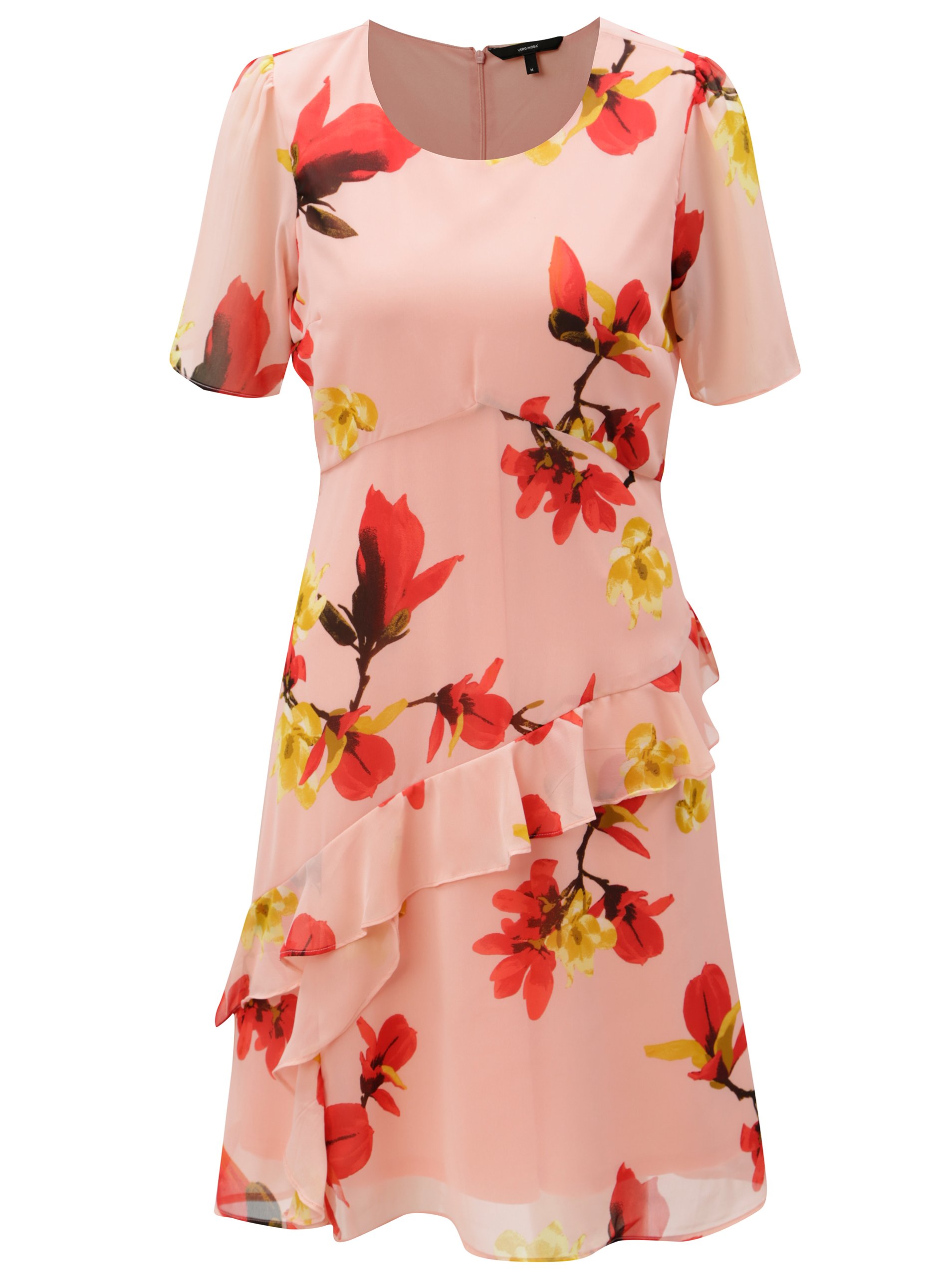 Růžové květované šaty s volánem VERO MODA Katy