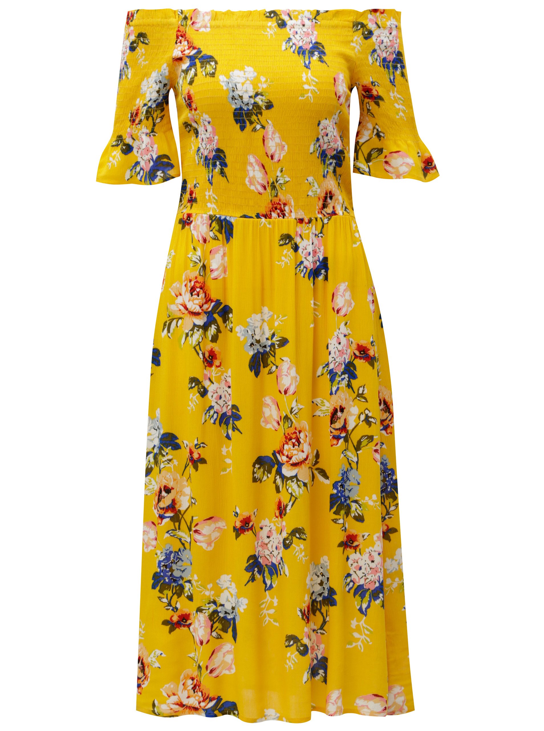Žluté květované šaty s odhalenými rameny Dorothy Perkins