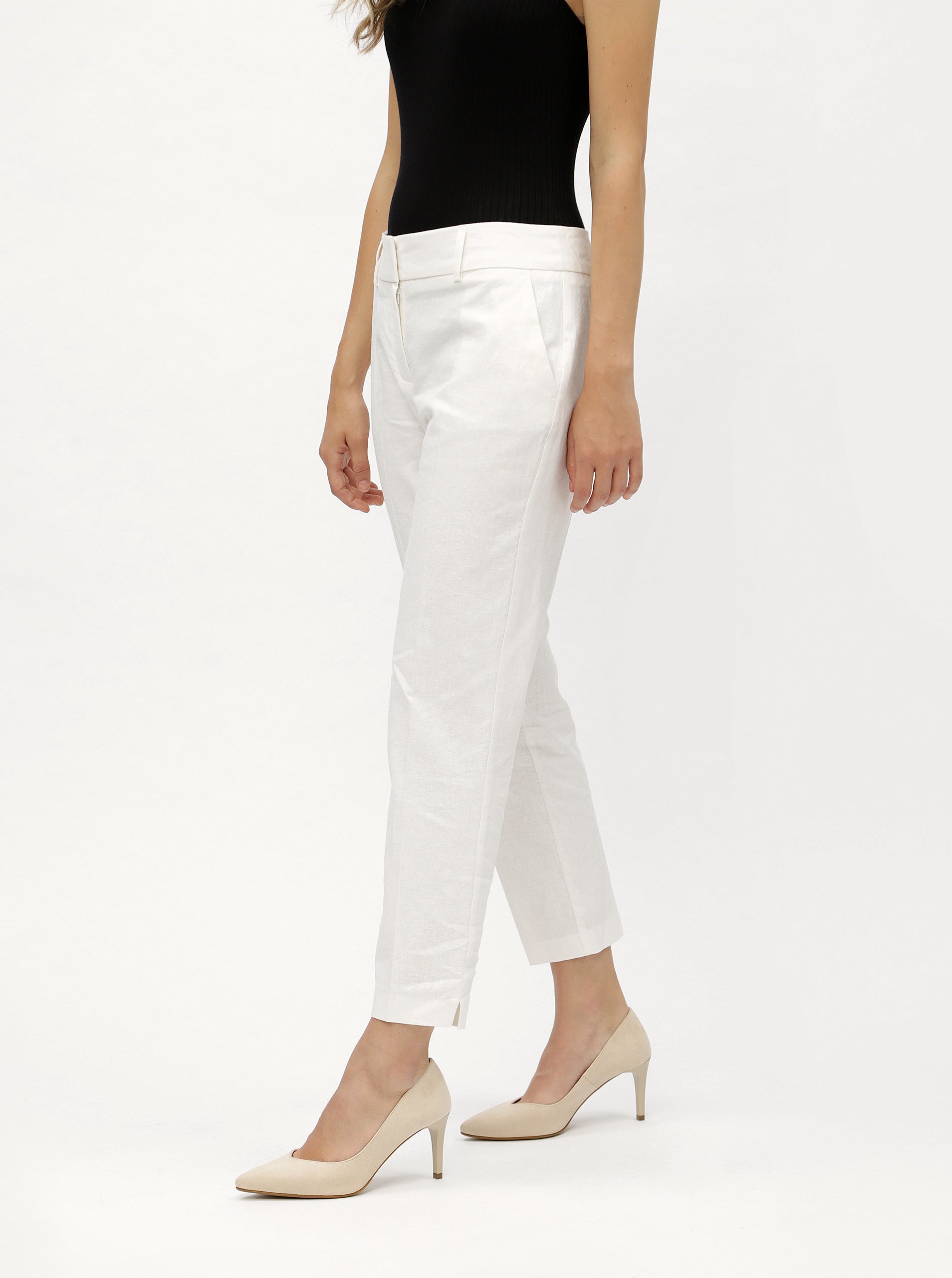 Bílé zkrácené lněné kalhoty s puky Dorothy Perkins