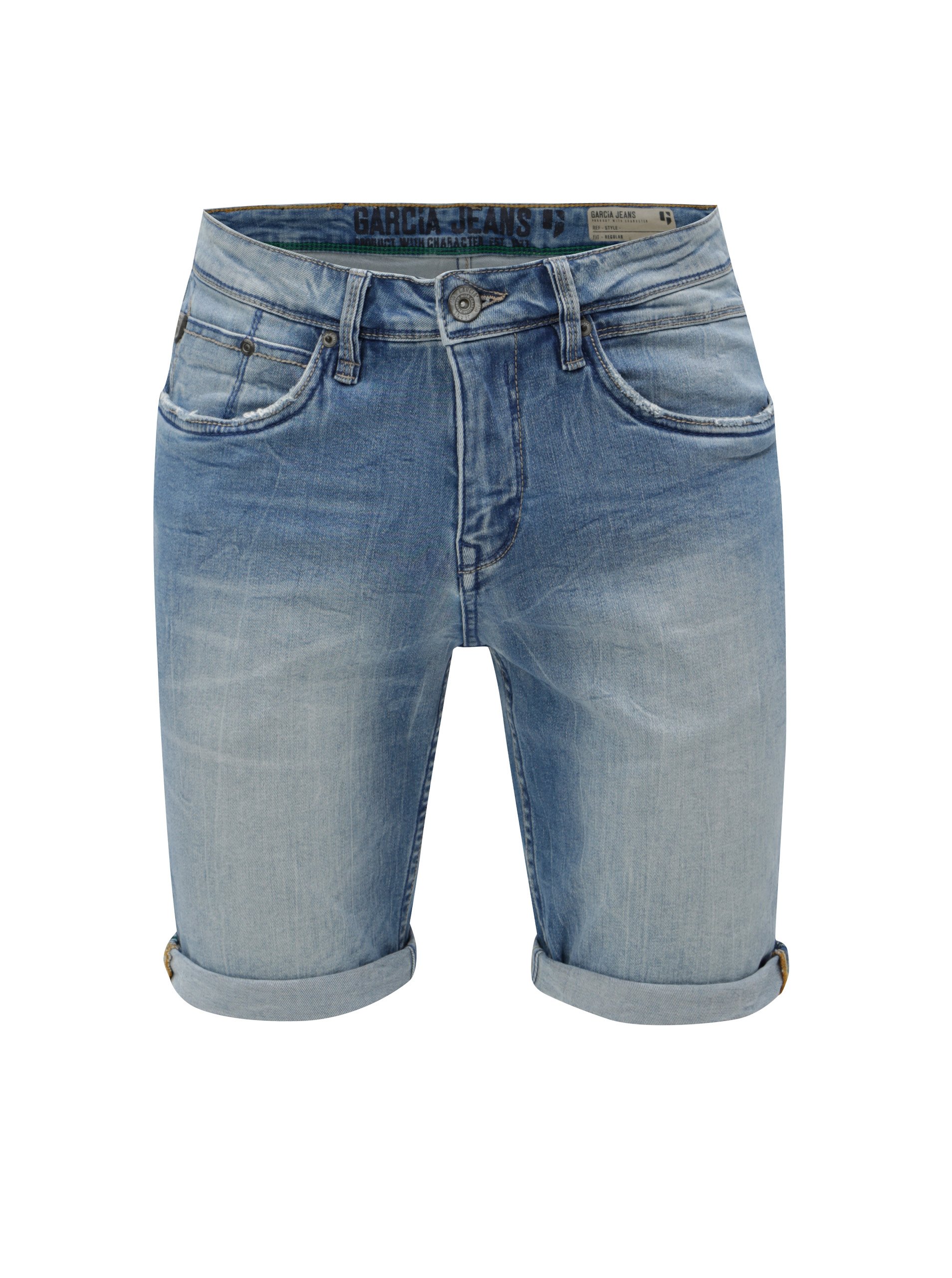 Modré pánské džínové kraťasy s vyšisovaným efektem Garcia Jeans