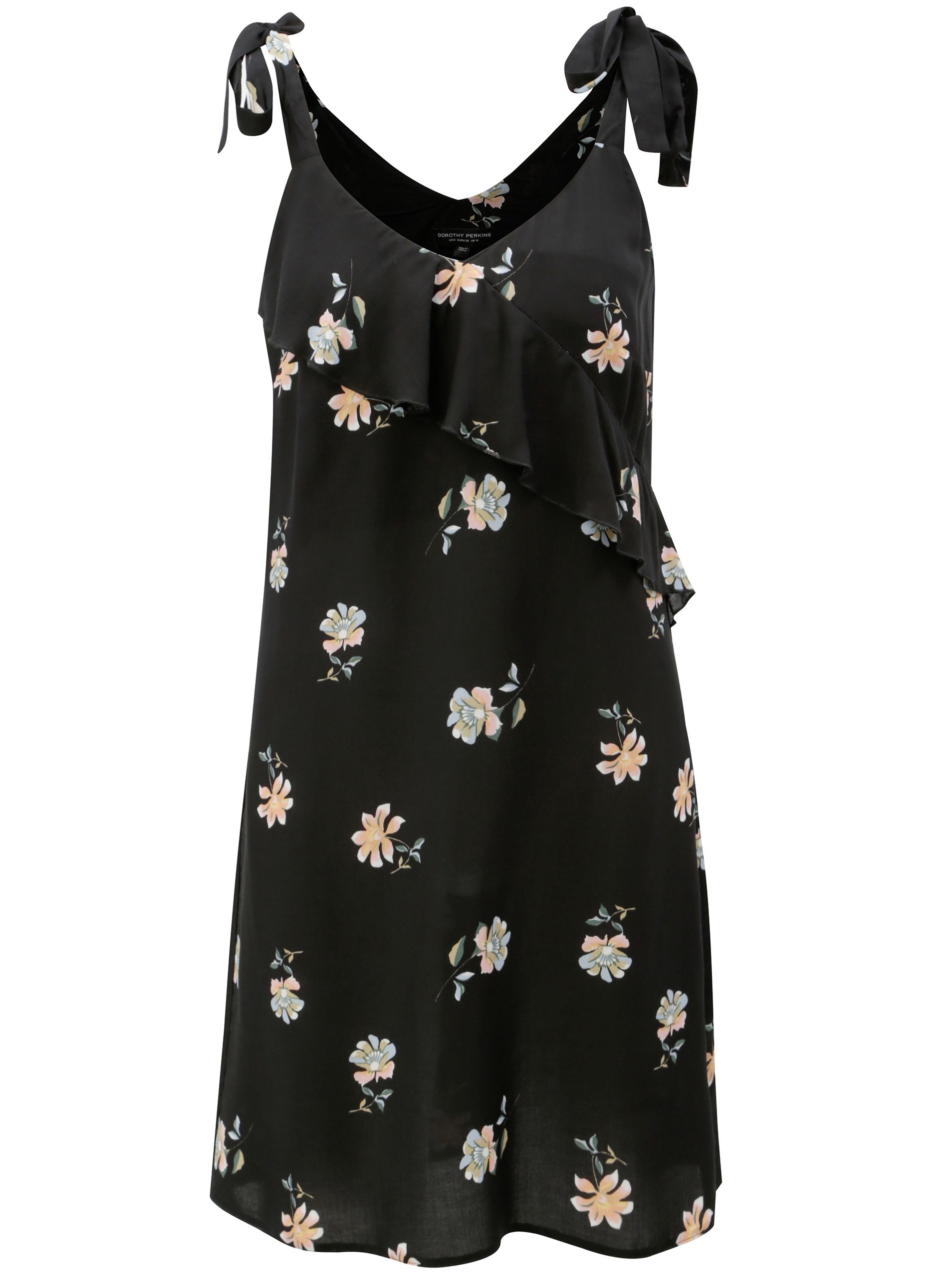 Černé květované šaty na ramínka s volánem Dorothy Perkins
