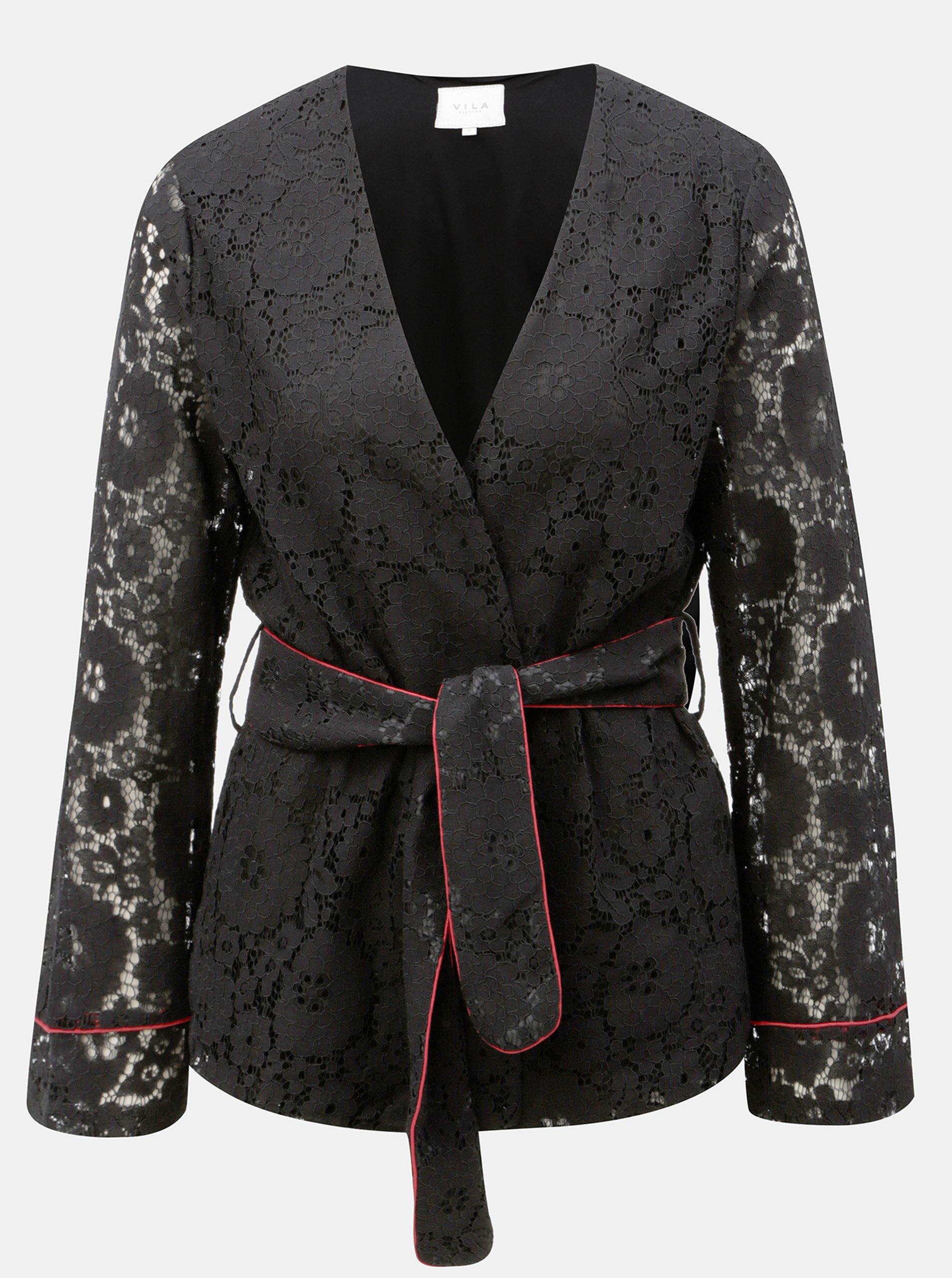 Černé krajkové kimono s páskem VILA Luas