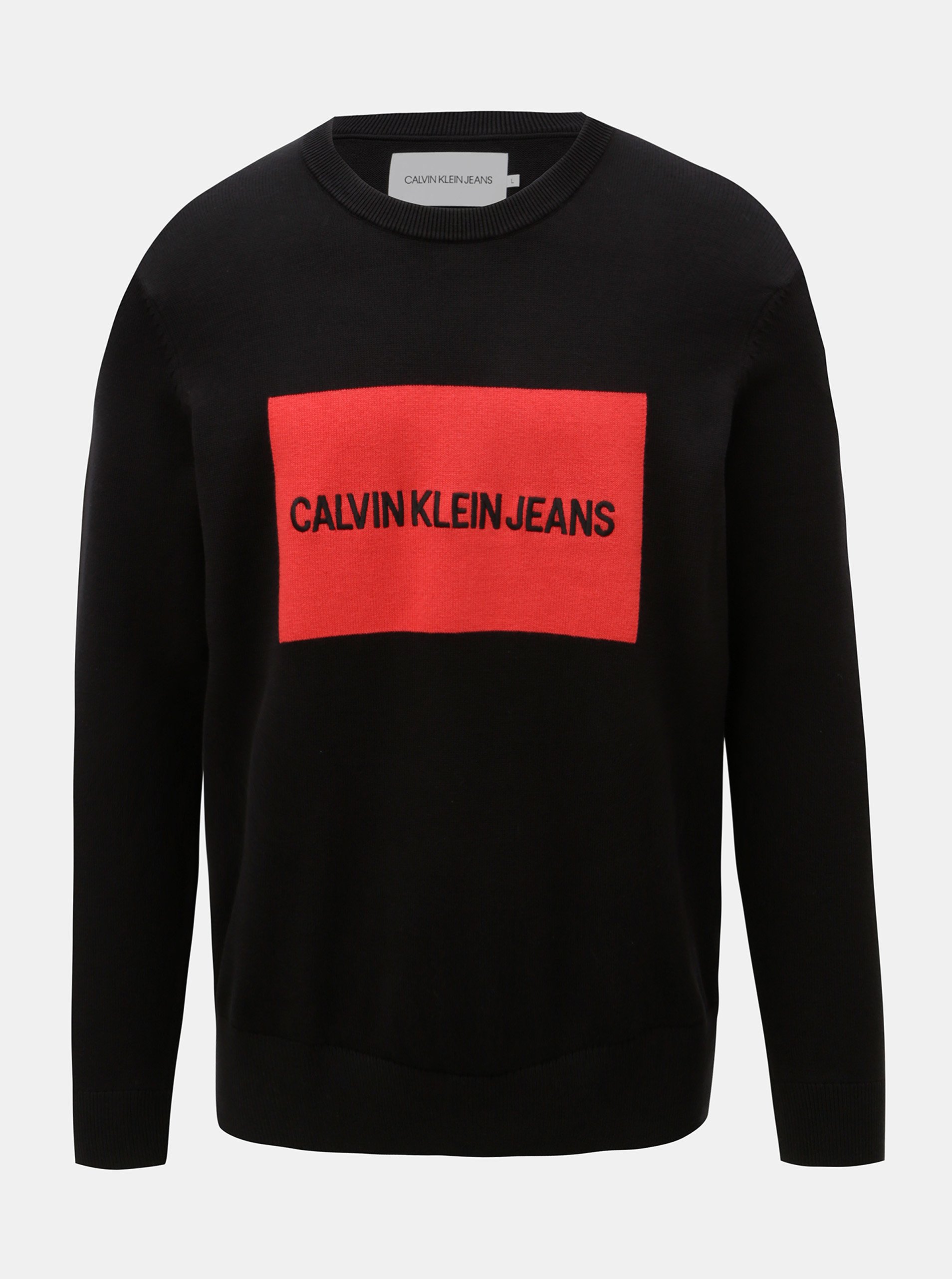 Červeno-černý pánský svetr s výšivkou a příměsí vlny Calvin Klein Jeans