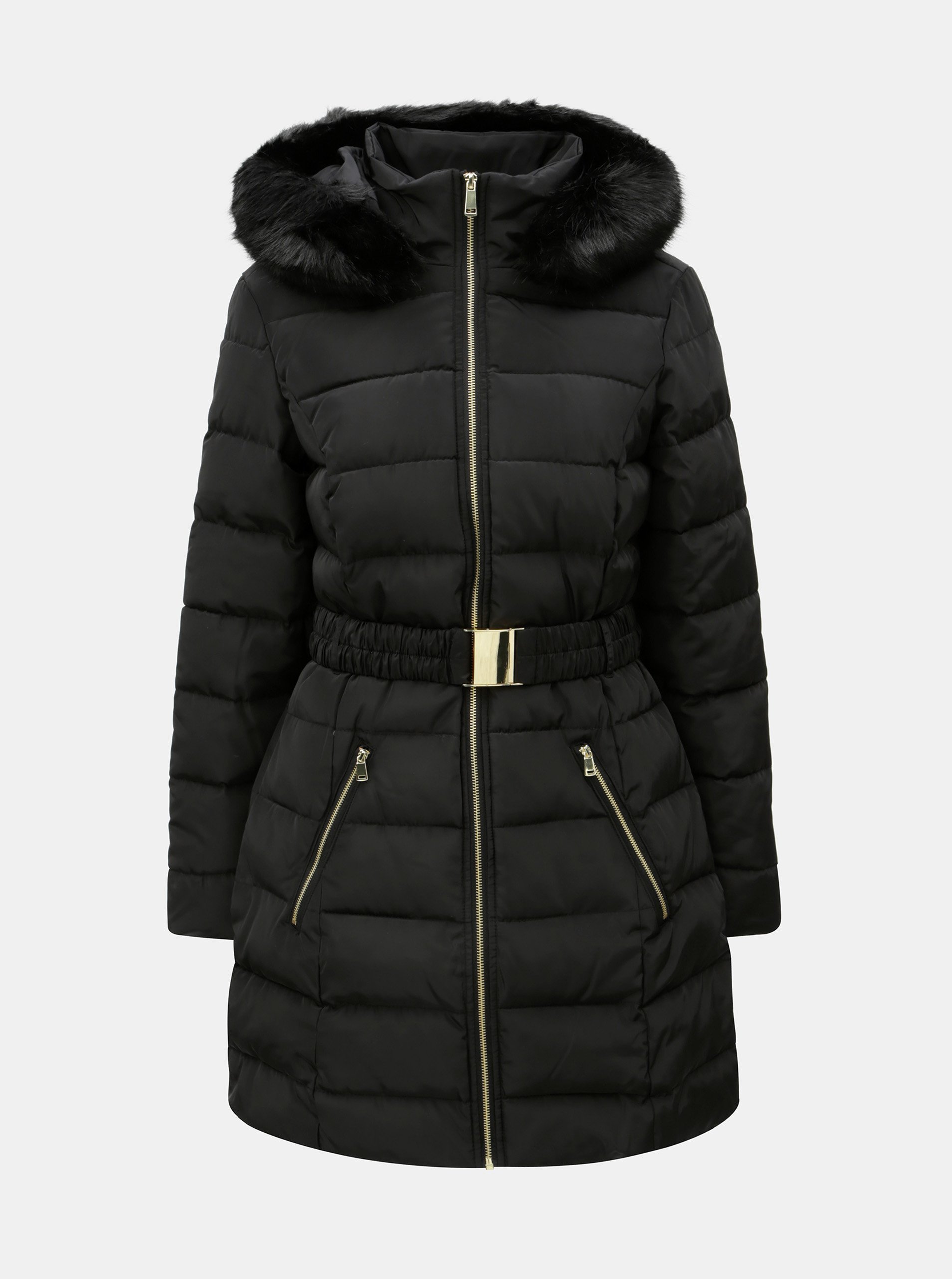 Černý zimní prošívaný kabát s odnímatelným páskem a umělou kožešinou Dorothy Perkins