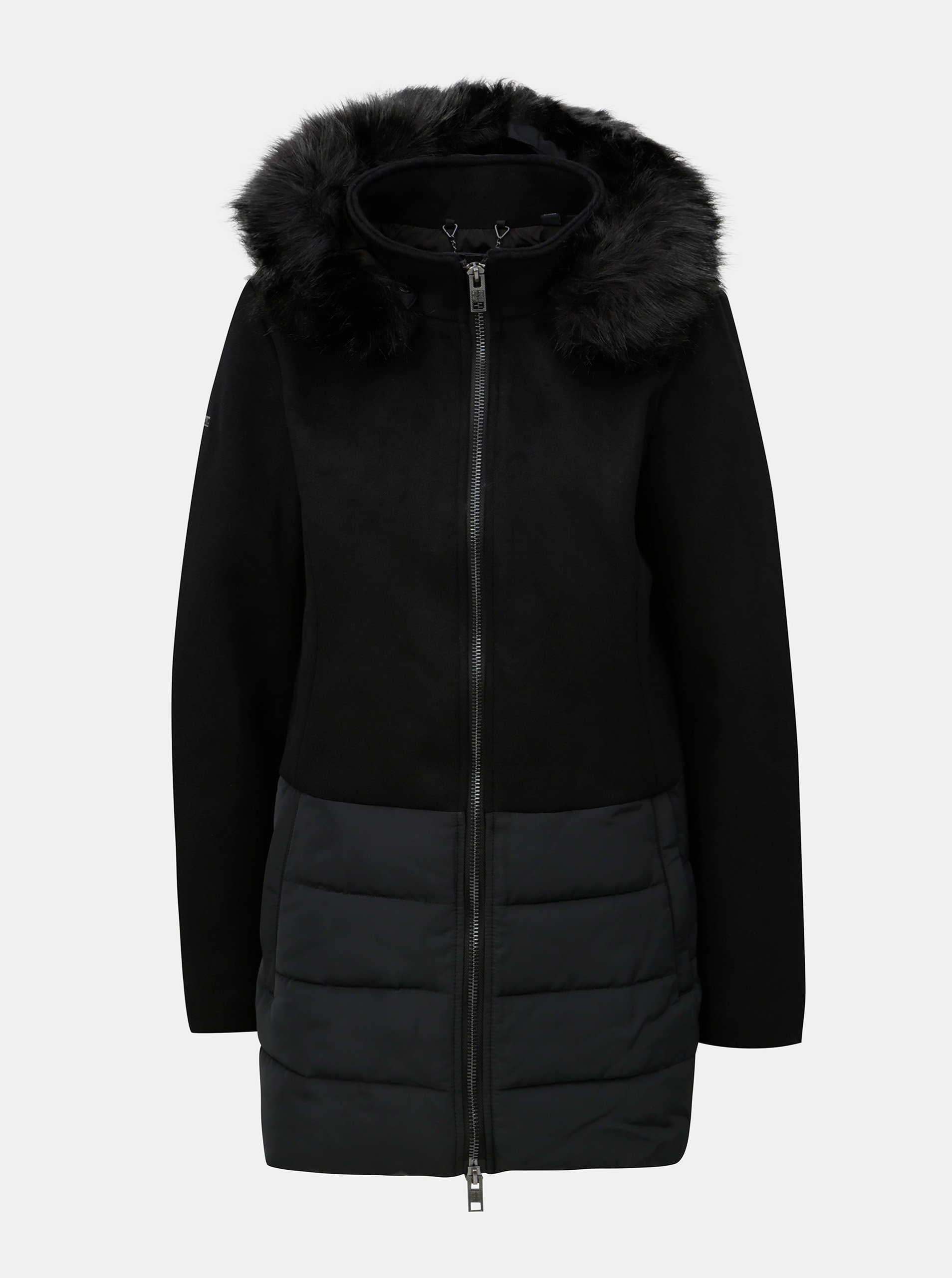 Černý dámský vlněný kabát s kapucí a umělým kožíškem Superdry