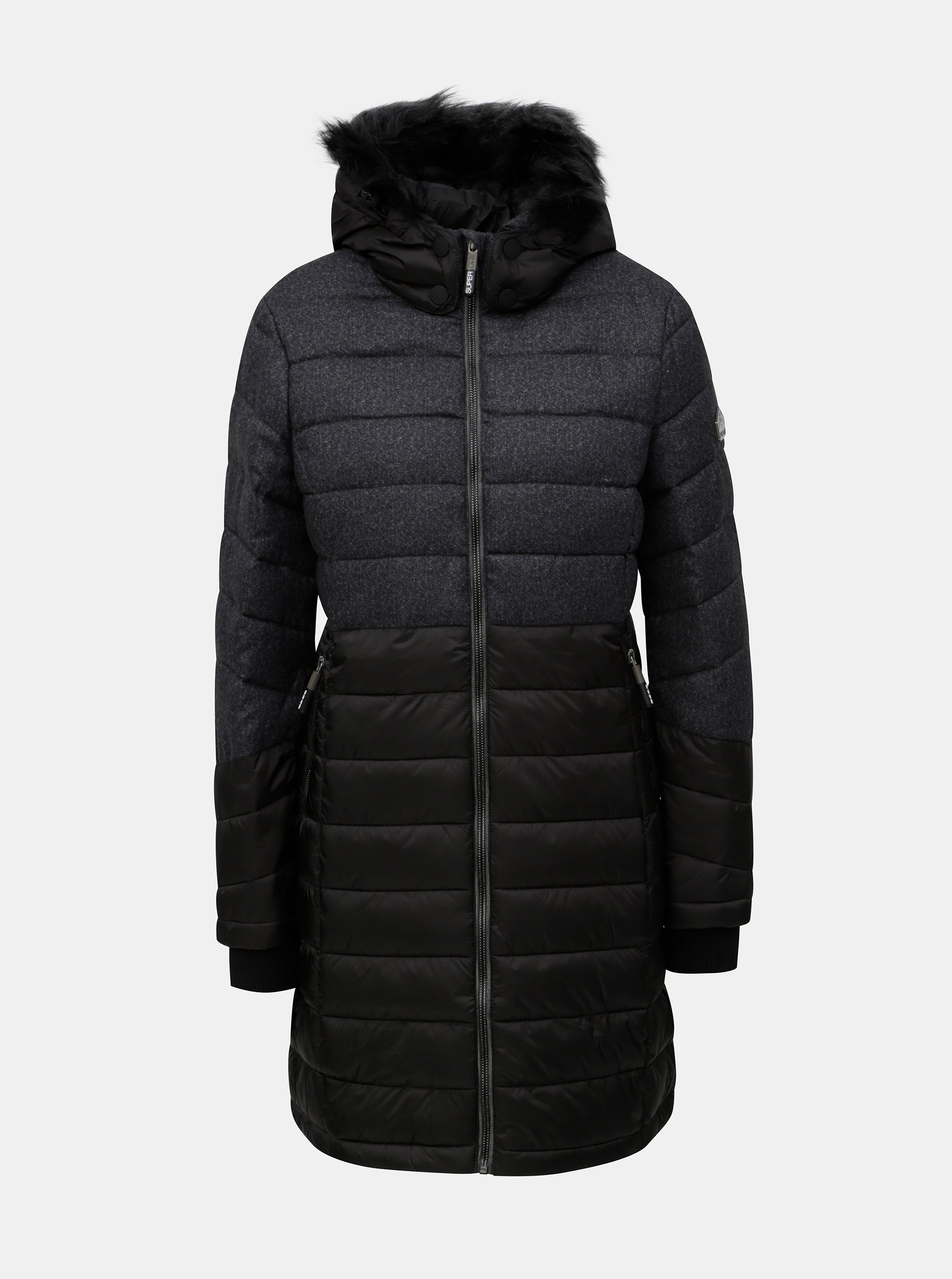 Šedo-černý dámský kabát s kapucí a umělým kožíškem Superdry