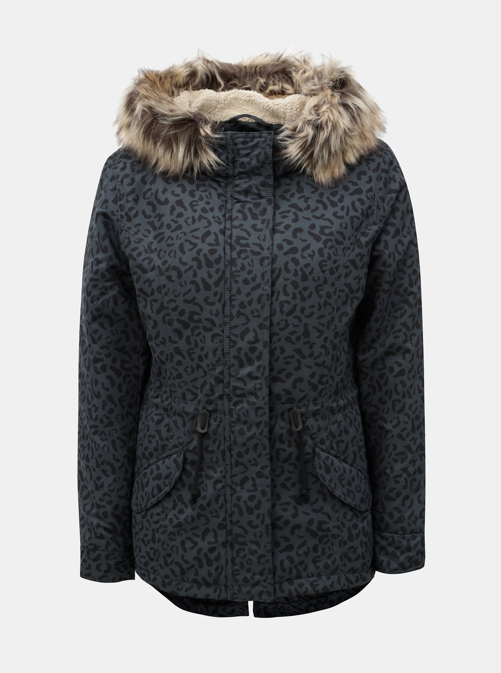Tmavě šedá zimní parka s leopardím vzorem a umělým kožíškem ONLY Ruby