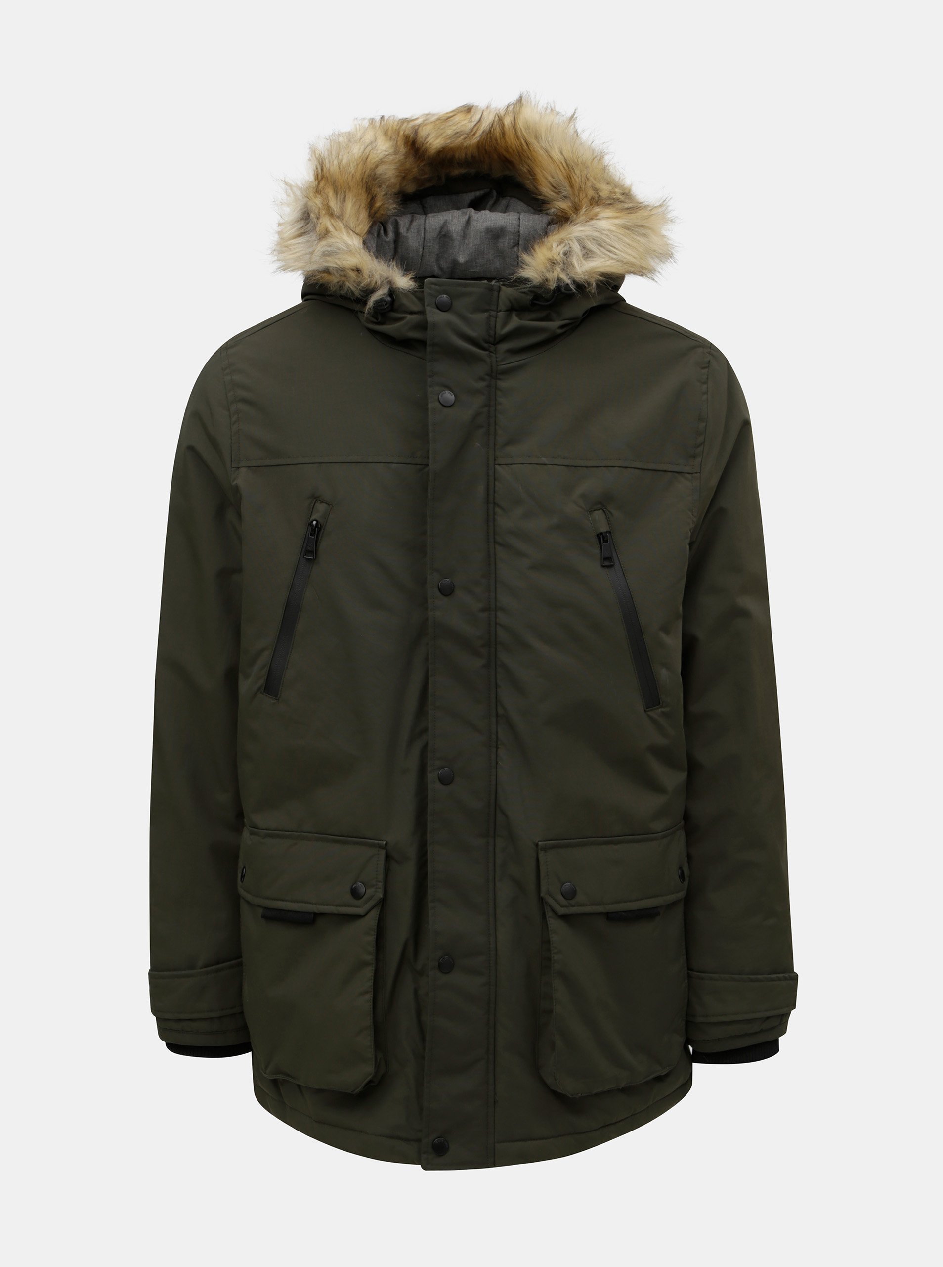 Khaki zimní bunda s umělým kožíškem Burton Menswear London