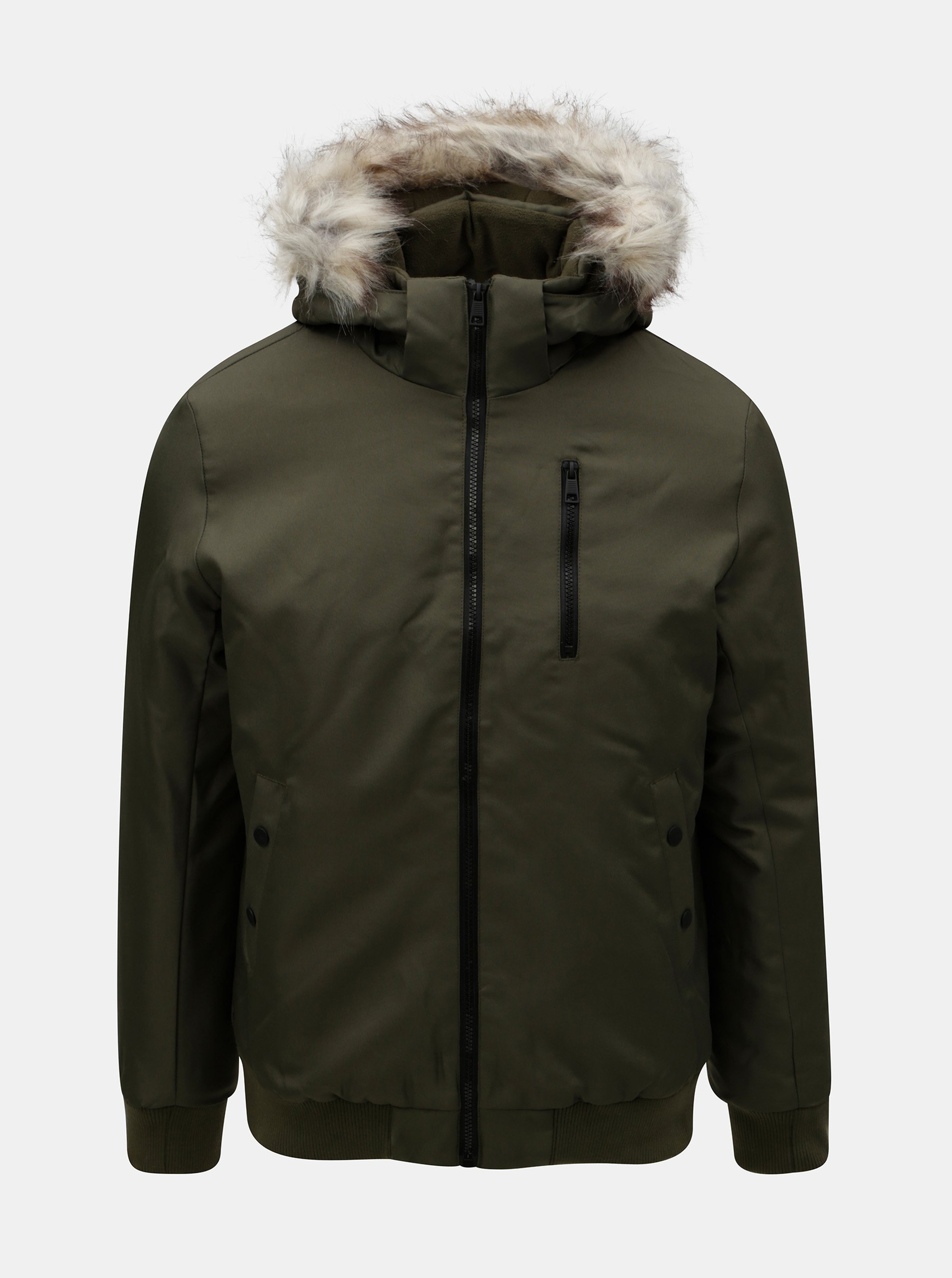 Khaki zimní bunda s umělým kožíškem ONLY & SONS