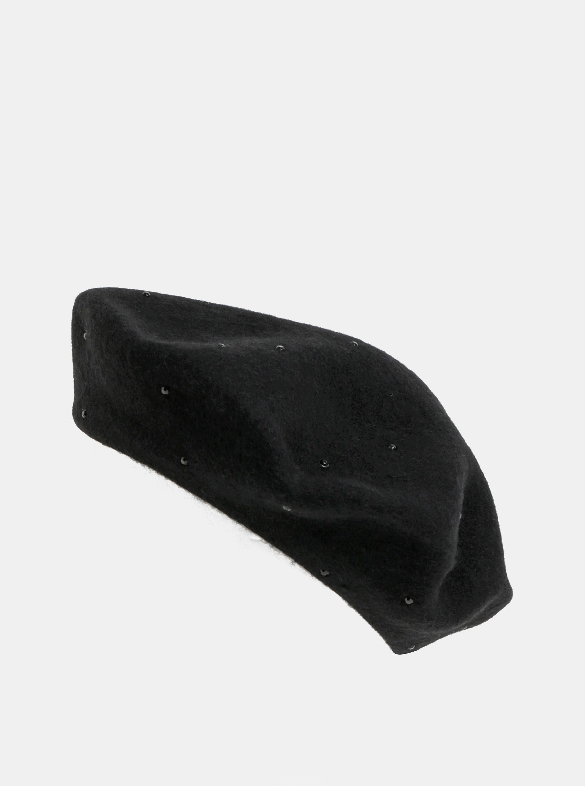 Černý vlněný baret s kamínky ONLY