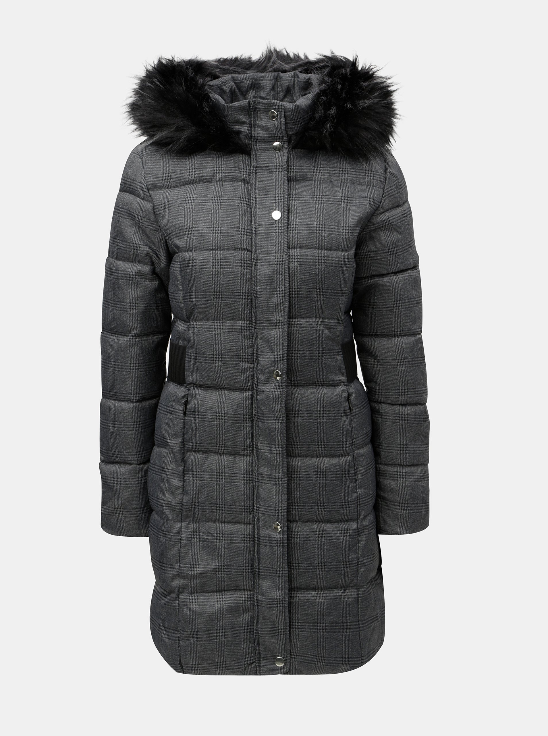 Šedý kostkovaný zimní kabát s umělým kožíškem na kapuci Dorothy Perkins