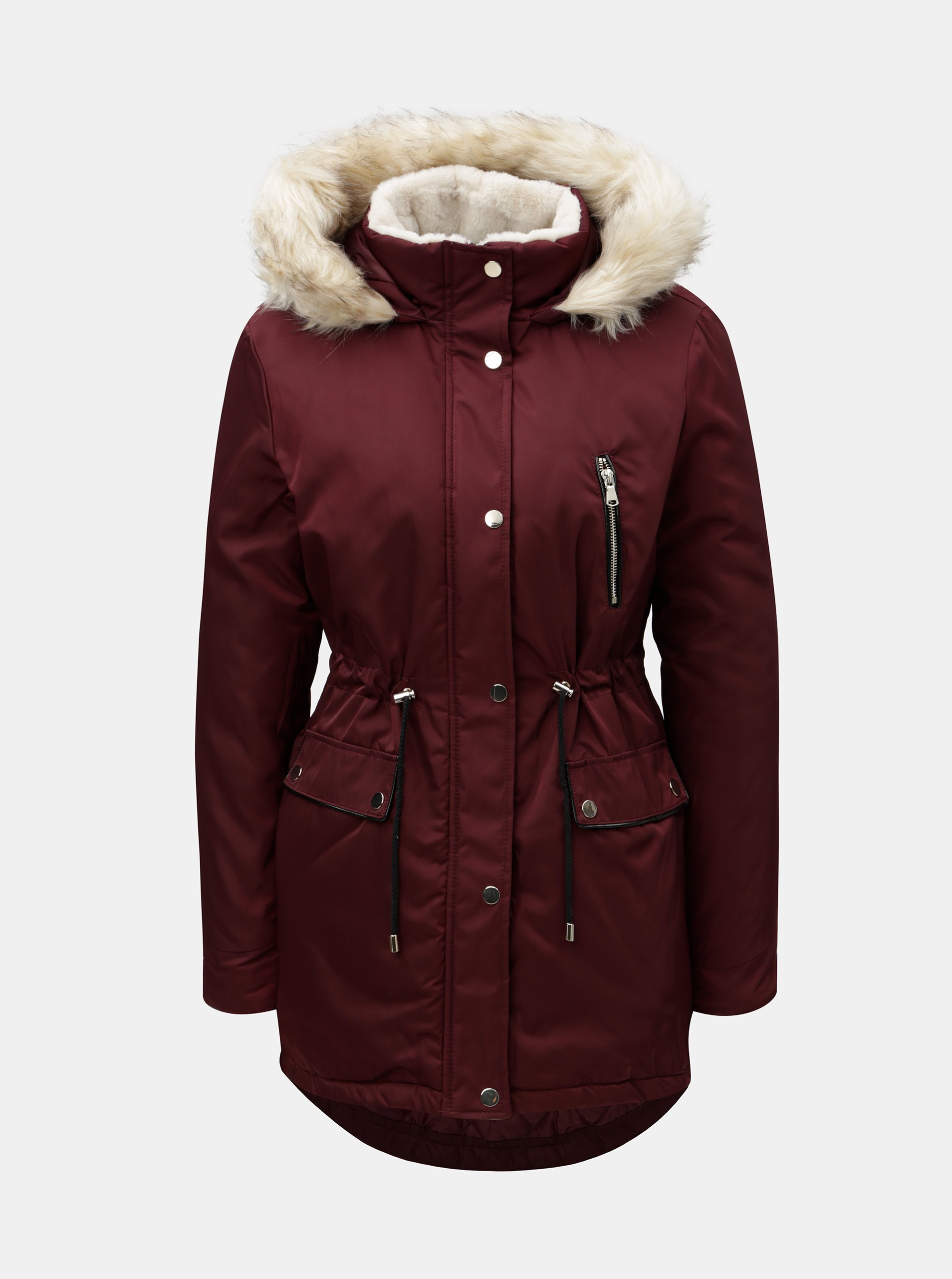Vínová zimní parka s umělým kožíškem na kapuci Dorothy Perkins Petite