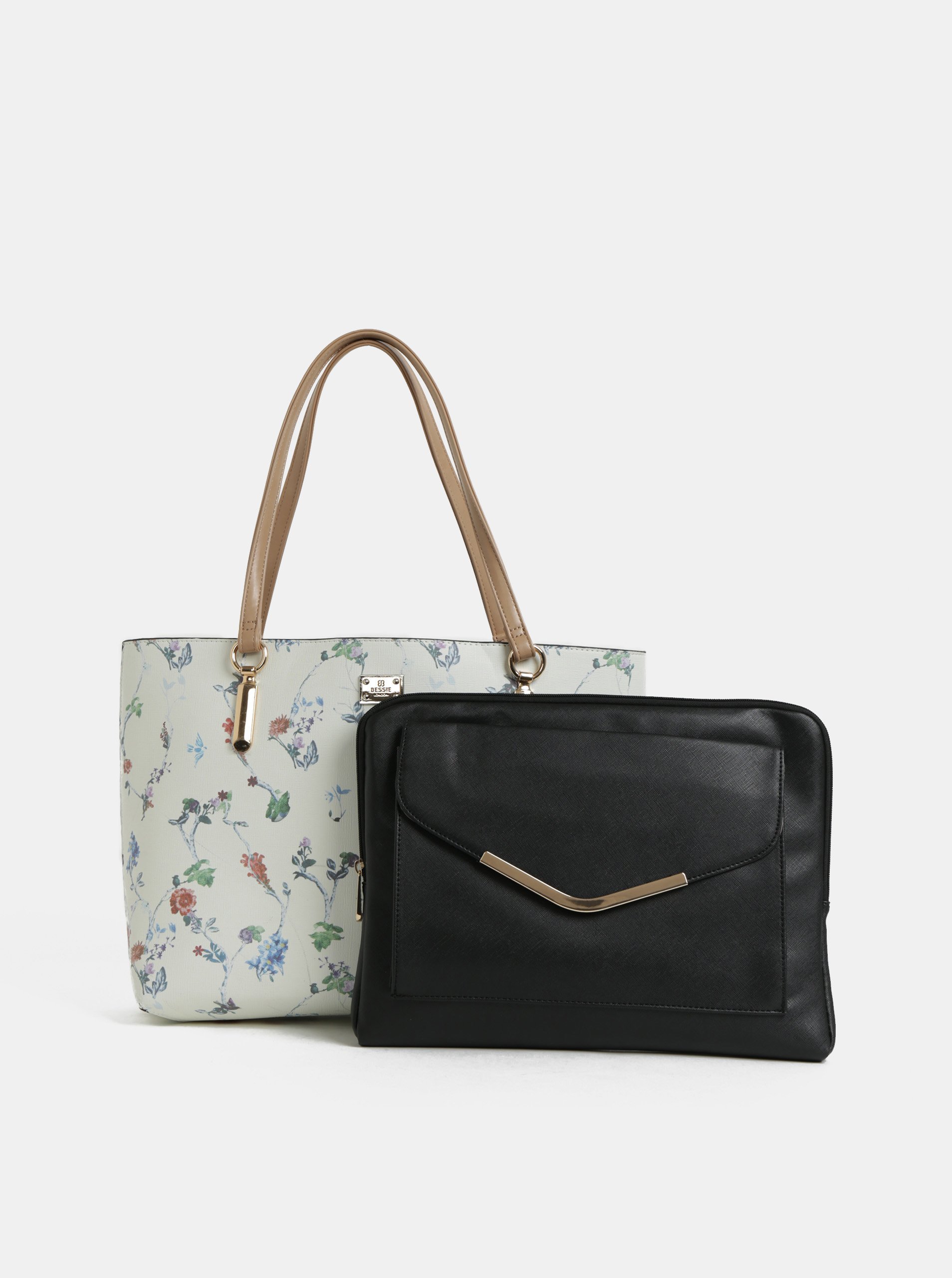 Krémový květovaný shopper s pouzdrem na notebook 2v1 Bessie London