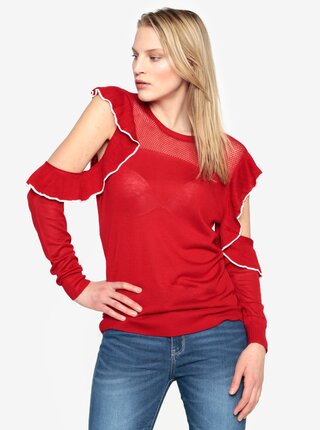 Pulover cold shoulder rosu cu volane - French Connection Lois