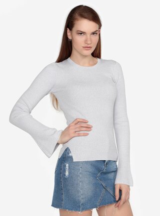 Světle šedý žebrovaný svetr se zvonovými rukávy Miss Selfridge