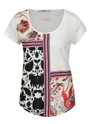 Tricou alb cu print floral si dungi - Desigual Deo