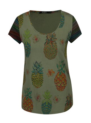Khaki tričko s potiskem ananasů Desigual Camille