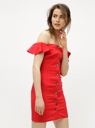 Rochie rosie din in cu decolteu pe umeri Miss Selfridge Button