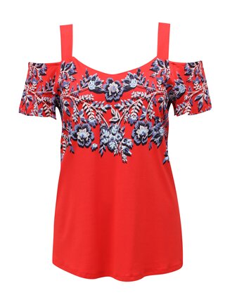Tricou de dama rosu cu model floral si decupaj pe umeri M&Co