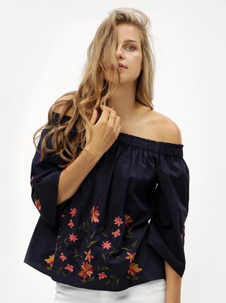 Tmavě modrý top s odhalenými rameny a výšivkou VERO MODA Kassia
