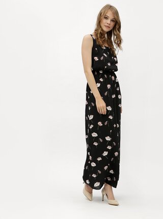 Rochie maxi neagra cu model floral si banda elastica in talie Haily's Doris