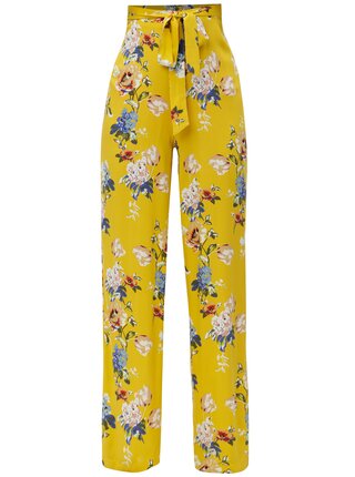 Žlté kvetované voľné nohavice s vysokým pásom a zaväzovaním Dorothy Perkins Tall