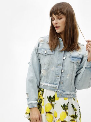 Světle modrá džínová bunda s výšivkou a potrhaným efektem MISSGUIDED
