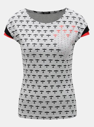 Tricou gri melanj cu print Mayda Red Baron