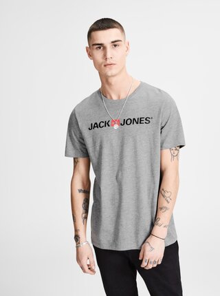 Tricou gri melanj cu print Jack & Jones