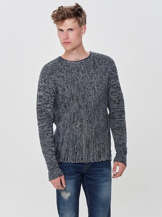 Tmavě modrý žíhaný svetr s kulatým výstřihem ONLY & SONS Sato