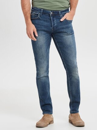 Blugi albastri slim fit din denim cu aspect prespalat ONLY & SONS