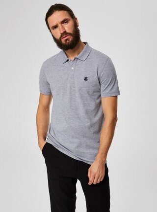 Tricou polo gri melanj cu broderie Selected Homme Haro