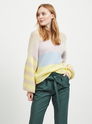 Pulover oversize bej-galben in dungi cu maneci late si amestec de lana VILA Strive