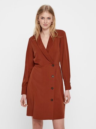 Hnědé šaty s dlouhým rukávem a překládaným výstřihem VERO MODA Pearl