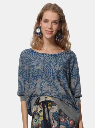 Pulover albastru-gri cu model si amestec de in Desigual Lisburn