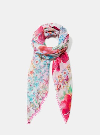 Růžový květovaný šátek s bambulemi Desigual Geisha 36