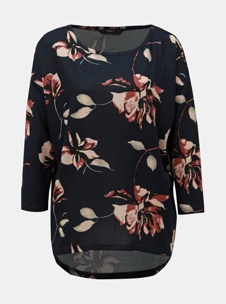 Tricou albastru inchis lejer floral cu maneci 3/4 ONLY Elcos