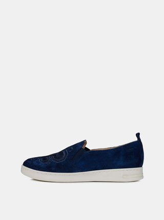Pantofi slip on albastru inchis de dama din piele intoarsa cu broderie Geox Jaysen
