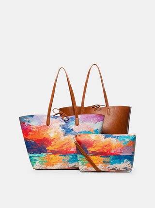 Hnedo–oranžový vzorovaný obojstranný shopper s puzdrom 2v1 Desigual Landscape Nimbus Capri