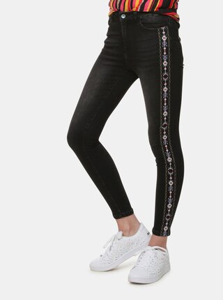 Tmavě šedé zkrácené skinny fit džíny s výšivkou Desigual Olimpia